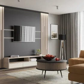 STOLIK KAWOWY RONDA CZARNA OKRĄGŁA DĄB LAMELE SALON