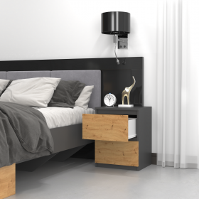 SZAFKA STOLIK NOCNY 2 SZUFLADY W2 ANTRACYT / DĄB ARTISAN